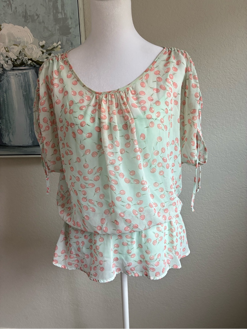 Daniel Rainn Y2K Sheer Mint Green with Cherries Peplum Top-Size Small - Picture 3 of 6